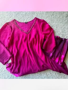 Komarov V-Neck Fuchsia Satin Dress with Embellished Trim